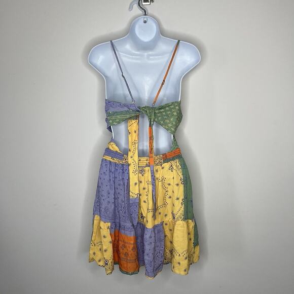 Maaji Florentina Mini Dress Small Bandana Patchwork Pastel Boho Festival Smocked - Picture 7 of 13